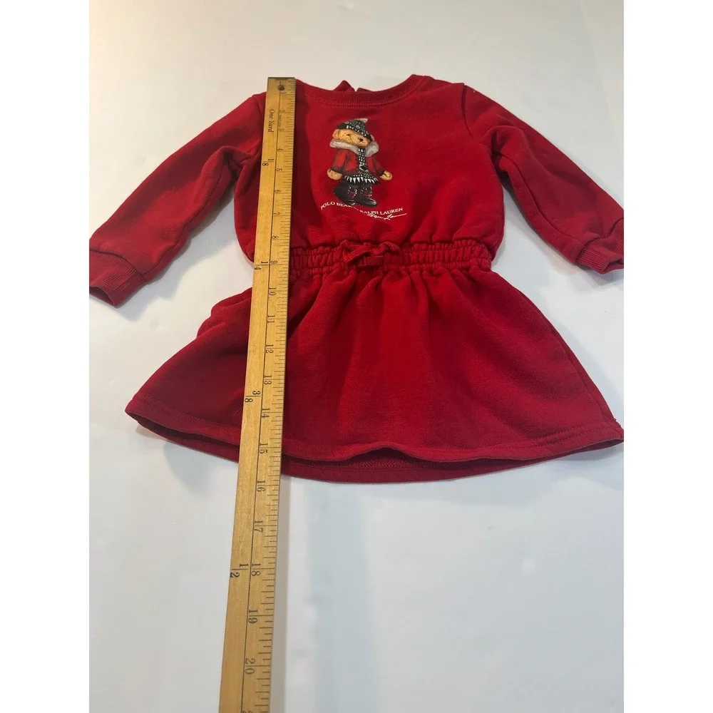 Ralph Lauren Polo Bear Fleece Dress Baby Girl 9M Red Long Sleeve‎ Prep Designer